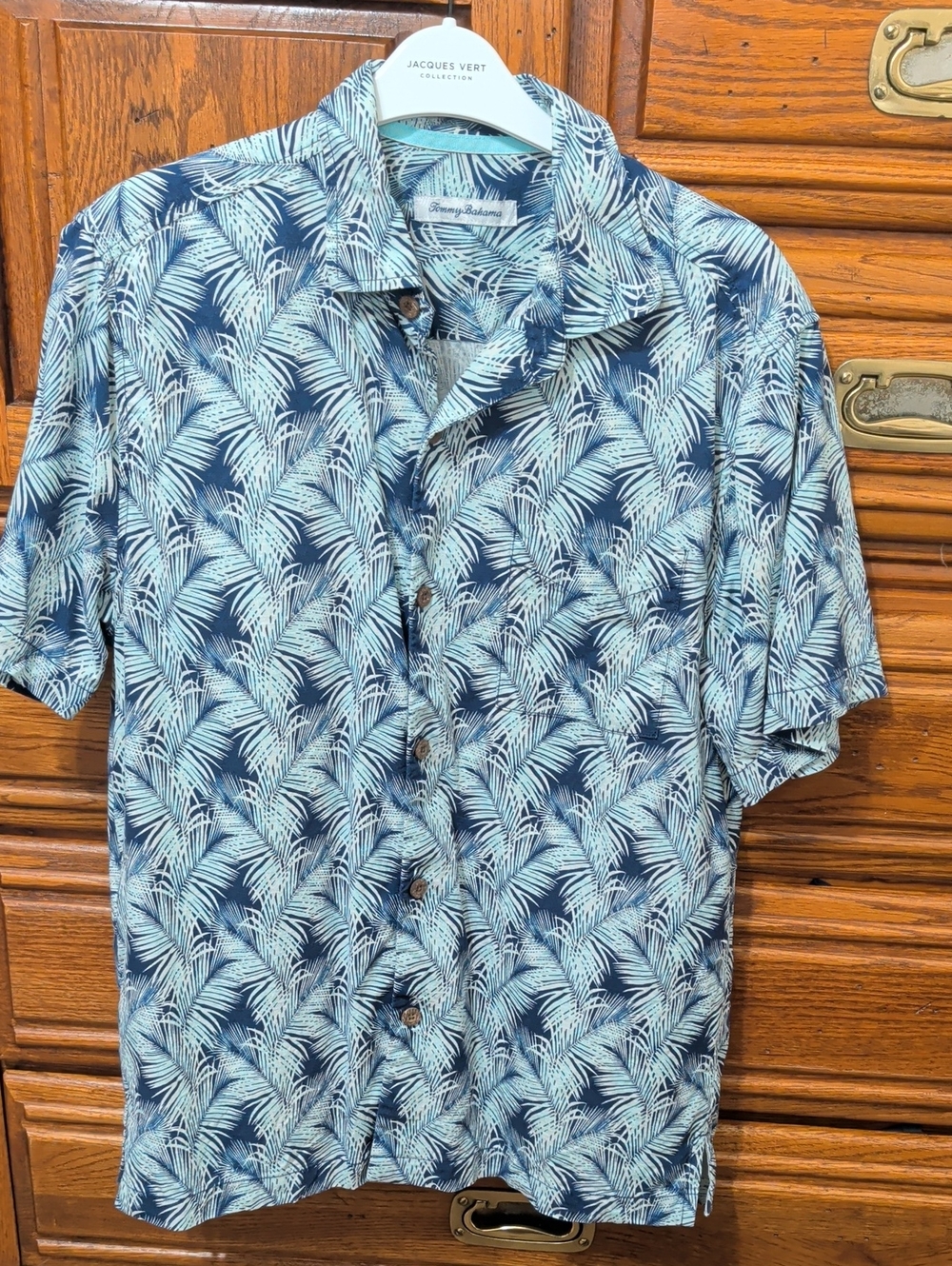 Men's Tommy Bahama 100% Silk Navy and Light Blue Palm-Print Short Sleeve Shirt